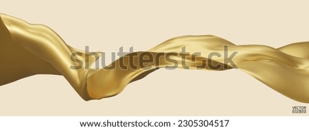 Flying gold silk textile fabric flag background. Smooth elegant golden Satin Isolated on blue Background for grand opening ceremony. Gold curtain. 3d vector illustration. Royalty-Free Stock Photo #2305304517