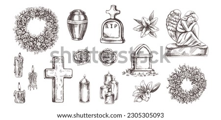 Hand drawn set for  Funeral service.  Vector illustration. Attributes and symbols of condolence, loss, dead, bereavement and cemetry. Sketch of vintage stone angel, tombstone, urn, cross Royalty-Free Stock Photo #2305305093