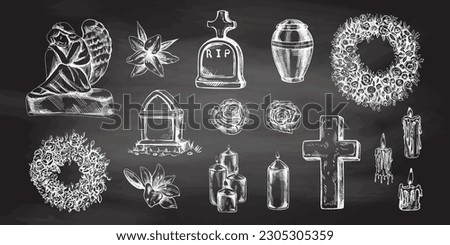 Hand drawn set for  Funeral service.  Vector illustration. Attributes and symbols of condolence, loss, dead, bereavement and cemetry. Sketch of vintage stone angel, tombstone, urn, cross. Royalty-Free Stock Photo #2305305359