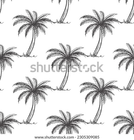 Hand drawn sketch seamless pattern  of palm tree. Tourism and camping adventure icons. Сlipart with travelling elements: mountains, campfire, backpack, binoculars, compass, tent