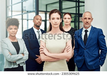 Portrait, business people and serious group with arms crossed in diversity, executive commitment or confident in office. Woman, leadership and global team of professional corporate employees together