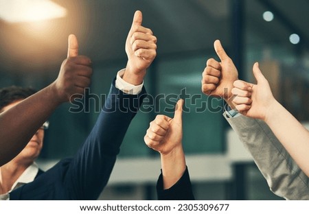 Teamwork, thumbs up and hands of business people in office for feedback, good news and agreement. Corporate, collaboration and men and employee workers with gesture for thank you, support or yes sign Royalty-Free Stock Photo #2305309677