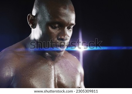 Thinking, fitness and face of black man with sweat on dark background for workout, exercise and training. Sports, strong muscle and serious male body builder with dedication, motivation and focus Royalty-Free Stock Photo #2305309811