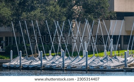 Row of covered dinghies, used for sailing lessons for student beginners, on a floating dock on the campus of an urban public university in Florida. For nautical and "back to school" themes. Royalty-Free Stock Photo #2305314407
