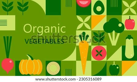 Organic vegetable banner. Natural food in simple geometric shapes, geometric minimalist style with a simple shape. For flyer, web poster, natural products presentation templates, cover design. Vector.