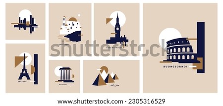 Set of Postcards from Famous Places such as Paris, Rome, Kair, New York etc. "Good morning" in Many Different Languages. Minimalist Vector Illustration with Famous Buildings and Tourist Facilities. Royalty-Free Stock Photo #2305316529