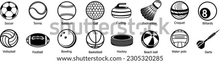 Sports Balls Minimal Flat Line Vector Icon Set. Soccer, Football, Tennis, Golf, Bowling, Basketball, Hockey, Volleyball, Rugby, Pool, Baseball, Ping Pong.