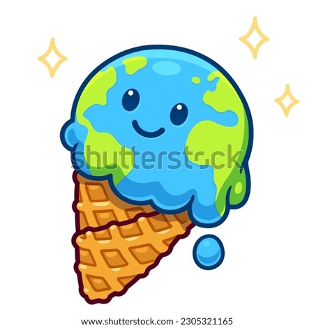 Cartoon melting Earth in ice cream cone, kawaii drawing. Cute vector illustration of climate change and global warming.