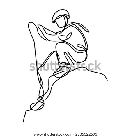 One line vector illustration. Rock climber in equipment crawls up the rock. Minimalism