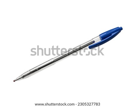 Classic simple cheap automatic blue ballpoint pen in a transparent case without a cap on a white background.Side view. Royalty-Free Stock Photo #2305327783