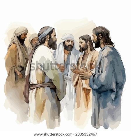 Jesus teaching disciples watercolor vector illustration  Royalty-Free Stock Photo #2305332467