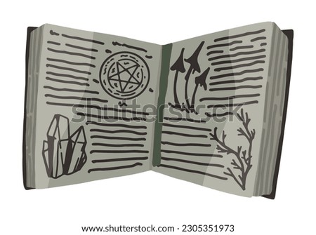 Magic book, book of spells and witchcraft. Occult witch item clipart. Halloween doodle isolated on white. Colored vector illustration in cartoon style..