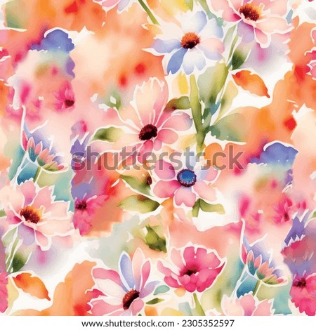 Seamless watercolor floral pattern with leaf background in blue, orange and green colors