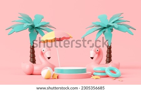 Summer pink vacation beach with Flamingo inflatable ring background concept, Minimal Realistic Display Podium for Product mock-up or Cosmetics with summer pink theme, inflatable ring. 3d rendering