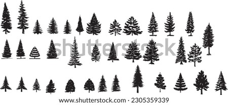 Silhouette of set different trees. Collection of coniferous evergreen forest trees, deciduous tree, bare trees. Vector illustration