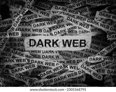 Strips of newspaper with the words Dark Web typed on them. Black and white. Close up.