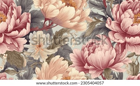 Seamless boho floral pattern with pink peony flowers. Retro collage pattern. Contemporary print for wedding stationary, greetings, wallpapers, fashion, backgrounds, textures, DIY, wrappers, cards Royalty-Free Stock Photo #2305404057