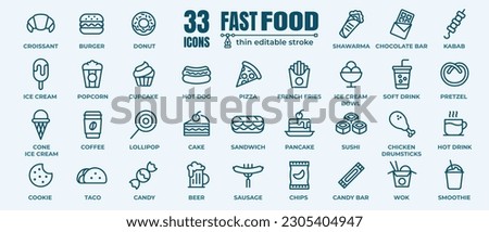 Fast food vector line icons set. Burger, donut, french fries, hot dog, kabab, pizza, ice cream, pizza vector illustrations. Thin signs for restaurant menu. Pixel perfect 64x64. Editable Strokes  Royalty-Free Stock Photo #2305404947