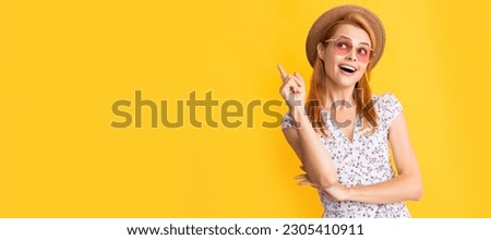 inspired with idea happy woman in straw hat and sunglasses on yellow background. Woman isolated face portrait, banner with copy space. Royalty-Free Stock Photo #2305410911