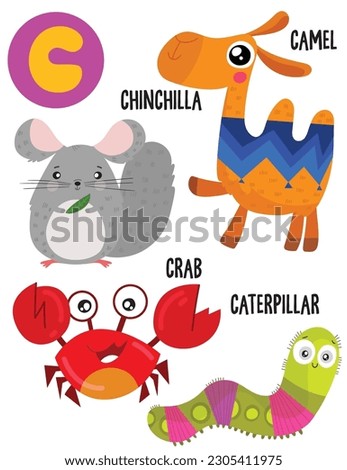 English alphabet with cute animals vector illustrations set. Funny cartoon animals: chinchilla, camel, caterpillar, crab. Alphabet design in a colorful style.