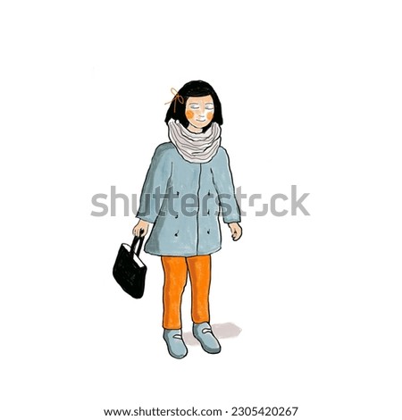 Girl with a gray jacket. Hand drawing in color.