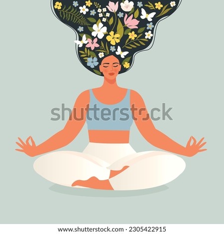 Young woman with flower hair sits in lotus pose of yoga. Free mind concept. Female mental health, blooming brain, positive mind. Girl with head floral wreath. Self care, love, wellbeing. 