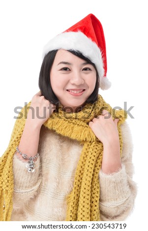 Picture of pretty christmas girl in red dress and santa hat, smiling isolated on white background