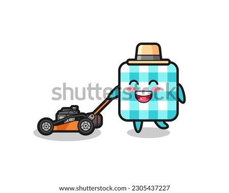 illustration of the checkered tablecloth character using lawn mower , cute style design for t shirt, sticker, logo element