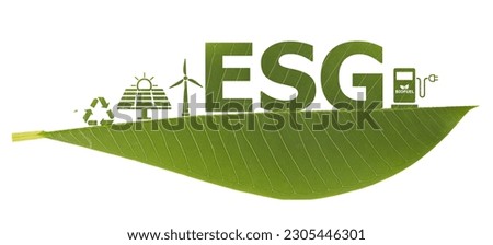 ESG word on green leaf and icon isolated on white with clipping path.