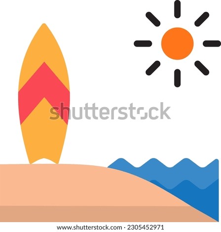 Standing surfboard on the sand, summer water sports surfing, board for wave riders and athletes. Summer icon concept illustration.