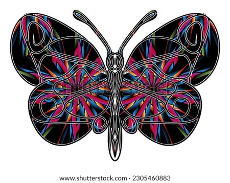 The symmetrical logo in the shape of a butterfly has dynamic gradient colourful line art in a luxurious pattern colour 