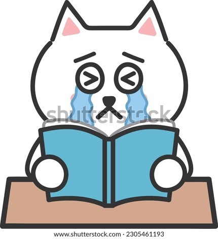 White cartoon cat burst into tears with a book, vector illustration.
