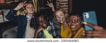 Cheerful group of diverse friends taking selfie. Young people international students have fun together, party, celebrate. African American, Caucasian multi cultural college university community banner