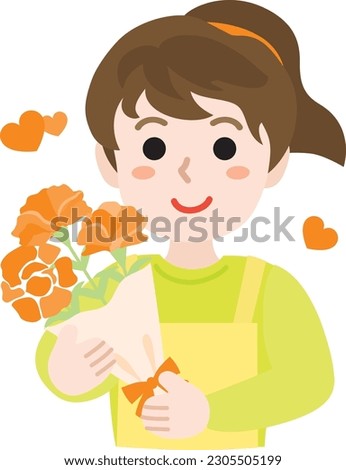 Mother with flowers and bouquet of orange carnation for Mother's Day.  Vector illustration.