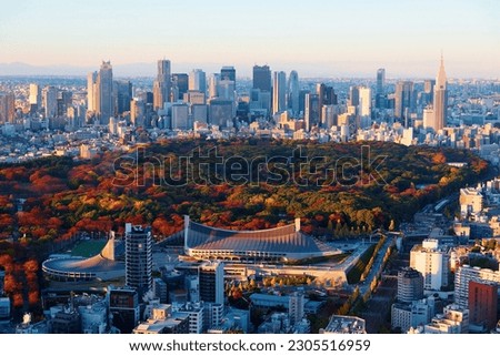 Aerial skyline of Downtown Tokyo at sunset, with high-rise office towers clustering in Shinjuku District and landmark Yoyogi National Stadium located next to Yoyogi urban park of beautiful fall colors