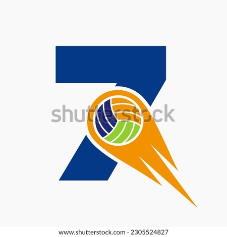 Letter 7 Volleyball Logo Concept With Moving Volley Ball Icon. Volleyball Sports Logotype Template