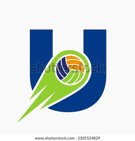 Letter U Volleyball Logo Concept With Moving Volley Ball Icon. Volleyball Sports Logotype Template