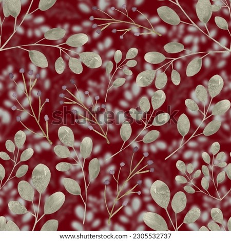 Creamy Seamless Pattern of floral leaves on Green Dark Red Background in the concept of textile and surface printing and designing, Web Template etc. Royalty-Free Stock Photo #2305532737
