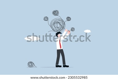Problem prioritization, focusing on core problem, cutting out unimportant matters to relieve stress concept, Businessman cutting small messy lines out of biggest one above his head.