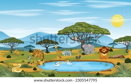 African wild animals in beautiful nature scene, animals vector illustration