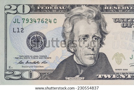 twenty paper dollars bill macro  Royalty-Free Stock Photo #230554837