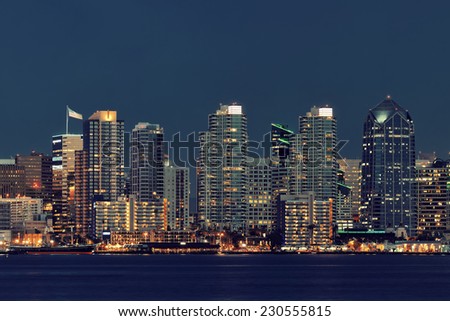 San Diego downtown skyline over water at night