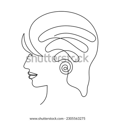 WI-FI signal and woman face one line art,hand drawn internet hotspot in girl head,access point continuous contour.Free zone wireless online concept,template outline.Editable stroke.Isolated.Vector