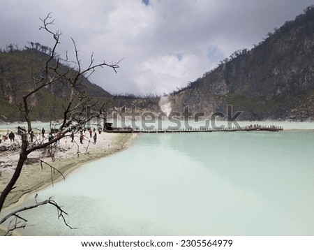 Bandung, Indonesia - Oct 2022 - Kawah Putih or White Crater, a crater lake and tourist spot in a volcanic crater in Bandung, West Java, Indonesia.