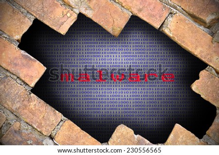 Business Concept For Data Security - Hole In Brick Wall With Binary Digit Background Inside With Malware Word. 