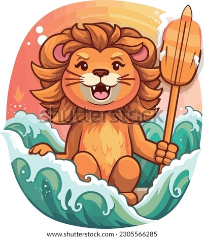 kawaii lion surf sticker, white background