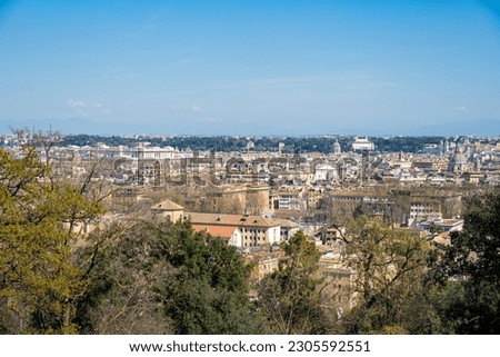 Panoramic view from the Gianicolo hill on the historic center of the Eternal City in the sunlight