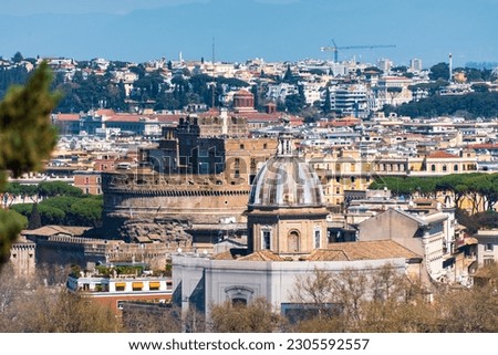 Panoramic view from the Gianicolo hill on the historic center of the Eternal City in the sunlight