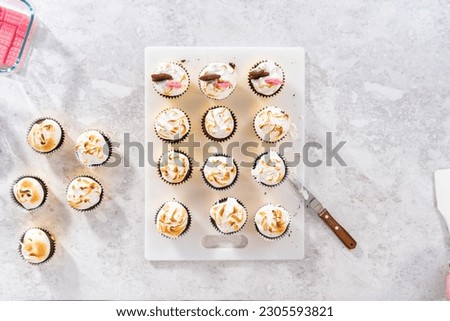 Flat lay. Frosting s'mores cupcakes with white meringue frosting.