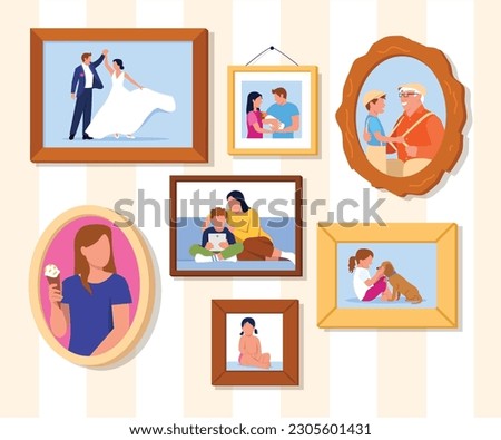 Vector illustration of photos hanging on the wall. Cartoon scene with various photos: wedding, birth of a child, grandpa with a boy, a girl eating ice cream, a mother with a son, a girl with a dog.